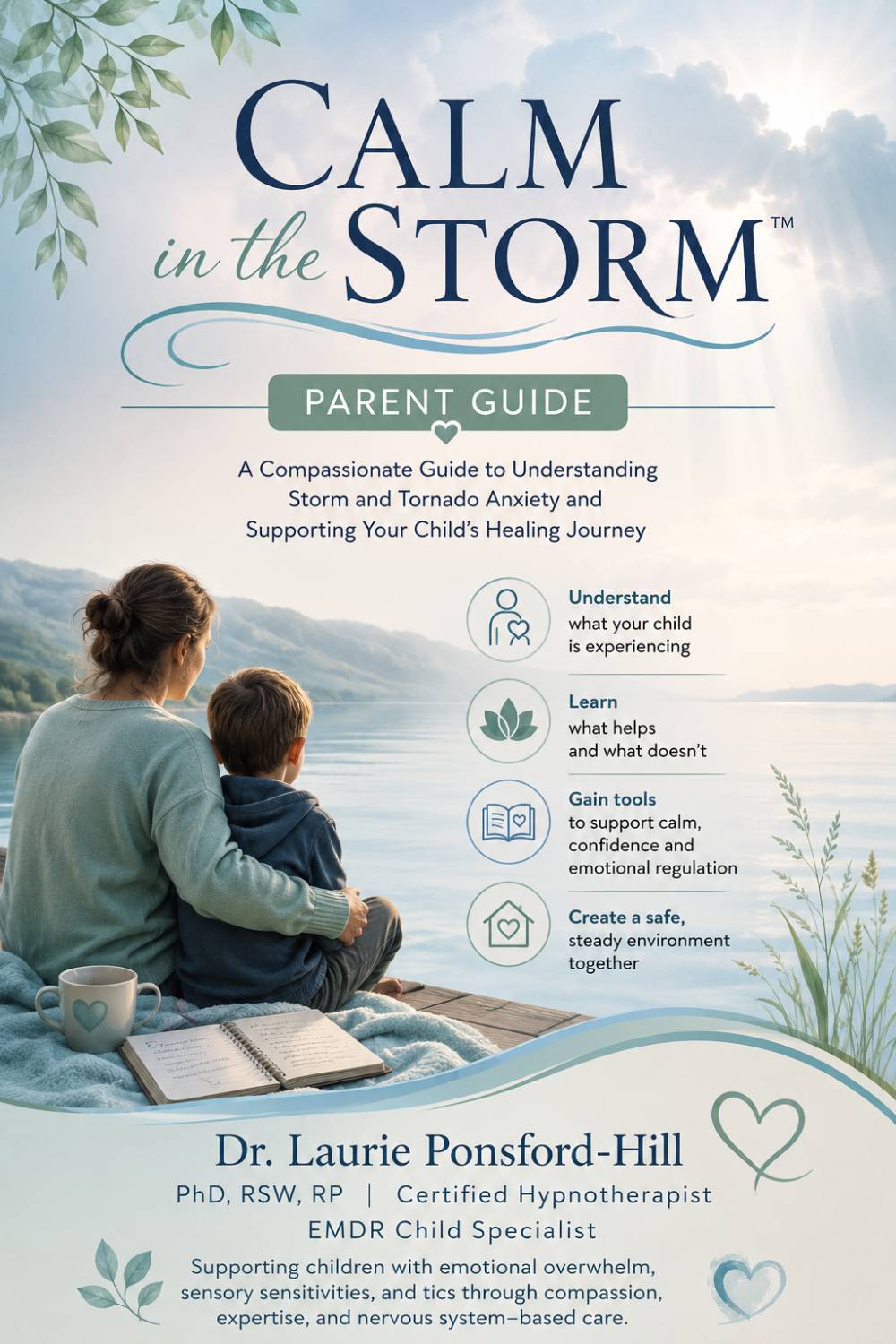 Cover of the Calm in the Storm Parent Guide featuring a parent and child sitting by a lakeside, with information about understanding storm and tornado anxiety, emotional regulation, and support tools for families.